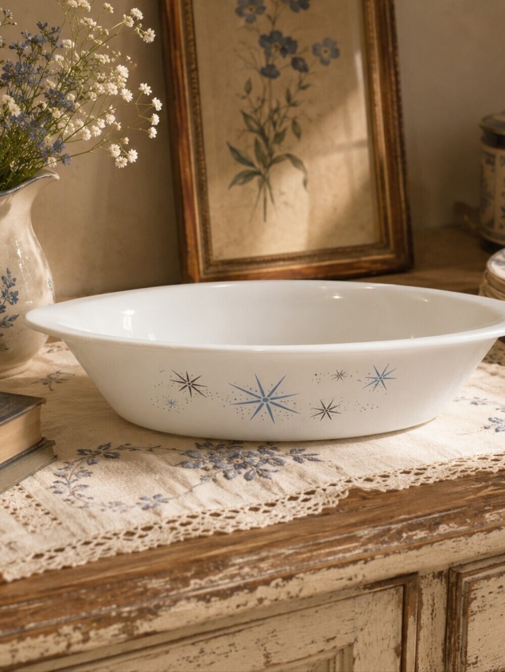 Glasbake Divided Baking Dish – Vintage Blue Starburst Pattern